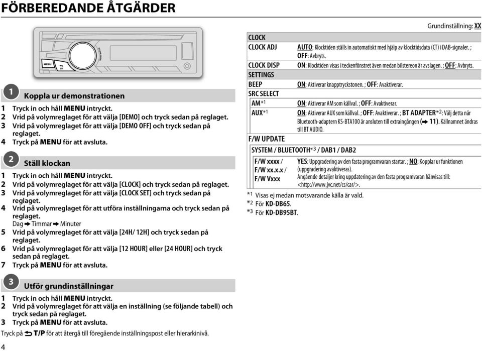 2 Vrid på volymreglaget för att välja [CLOCK] och tryck sedan på reglaget. 3 Vrid på volymreglaget för att välja [CLOCK SET] och tryck sedan på reglaget.