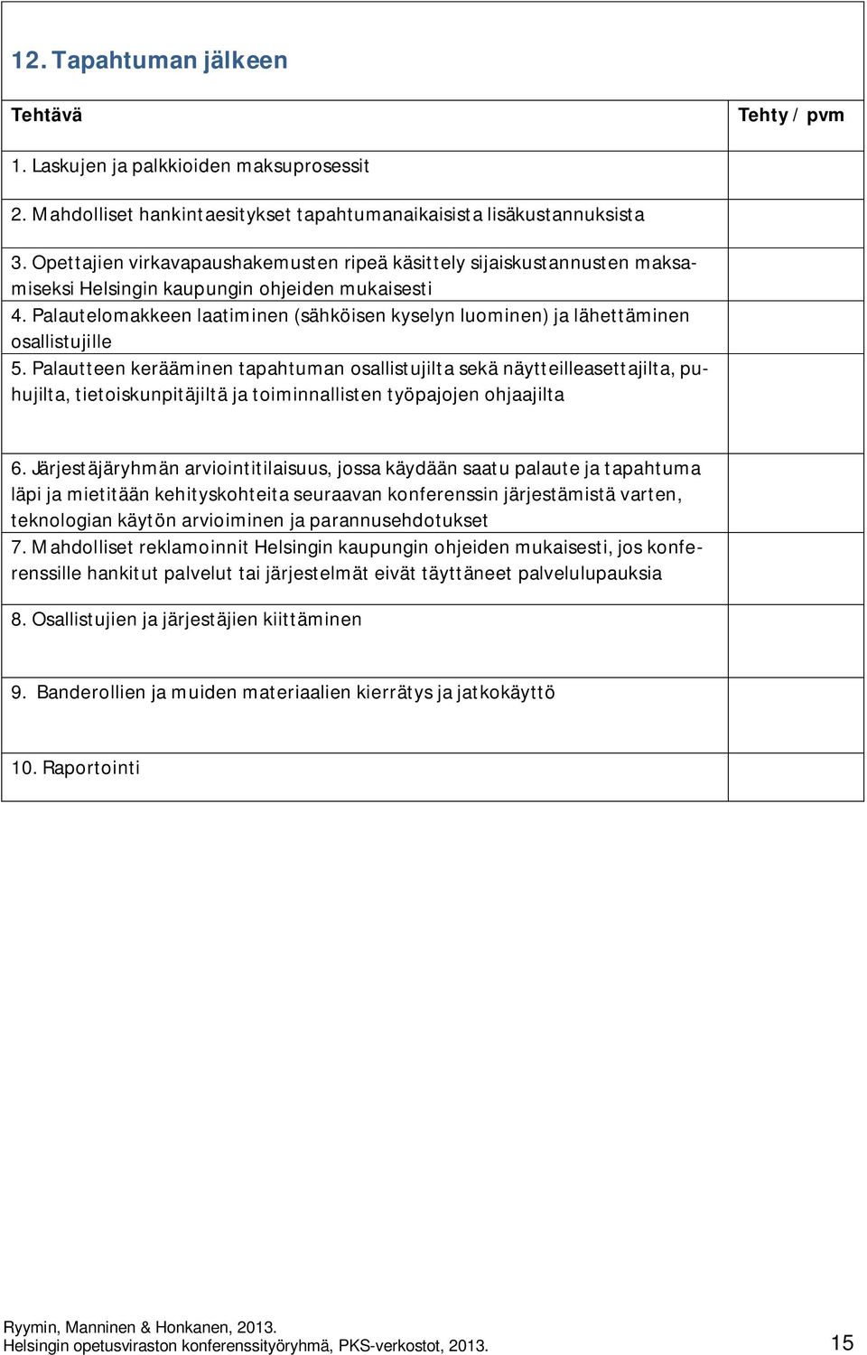 Palautelomakkeen laatiminen (sähköisen kyselyn luominen) ja lähettäminen osallistujille 5.