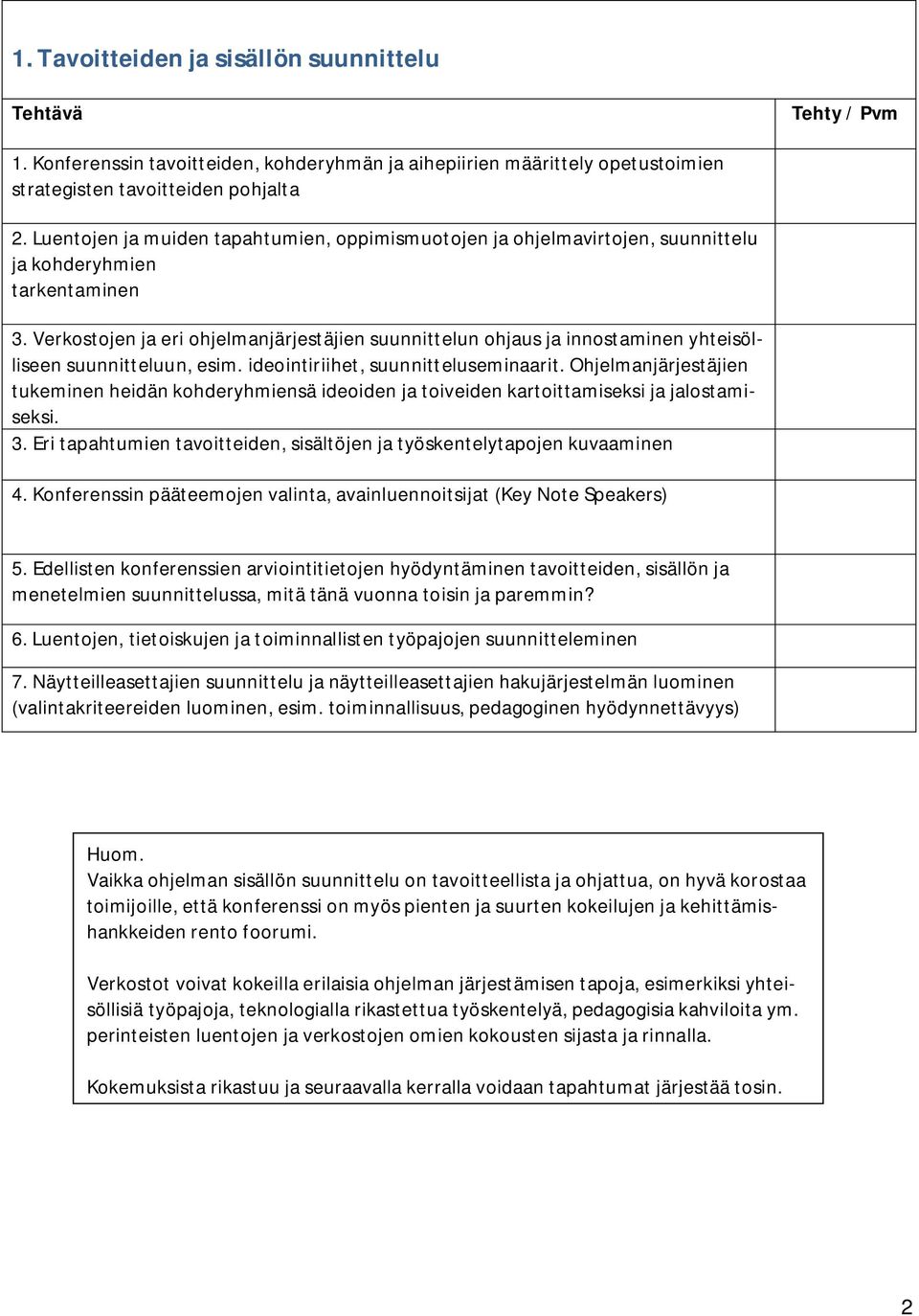 Verkostojen ja eri ohjelmanjärjestäjien suunnittelun ohjaus ja innostaminen yhteisölliseen suunnitteluun, esim. ideointiriihet, suunnitteluseminaarit.