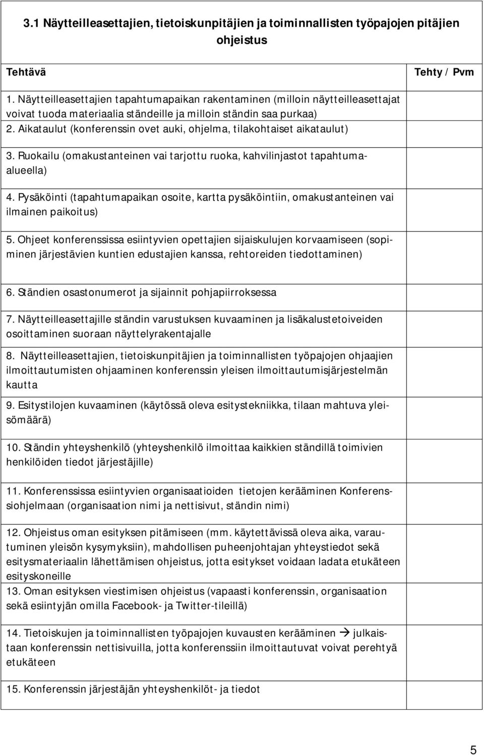 Aikataulut (konferenssin ovet auki, ohjelma, tilakohtaiset aikataulut) 3. Ruokailu (omakustanteinen vai tarjottu ruoka, kahvilinjastot tapahtumaalueella) 4.