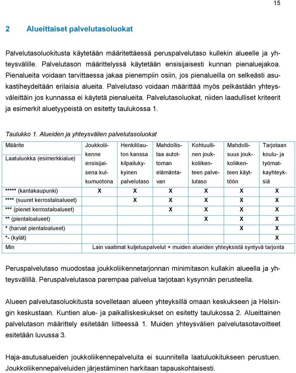 Palvelutaso voidaan määrittää myös pelkästään yhteysväleittäin jos kunnassa ei käytetä pienalueita. Palvelutasoluokat, niiden laadulliset kriteerit ja esimerkit aluetyypeistä on esitetty taulukossa 1.