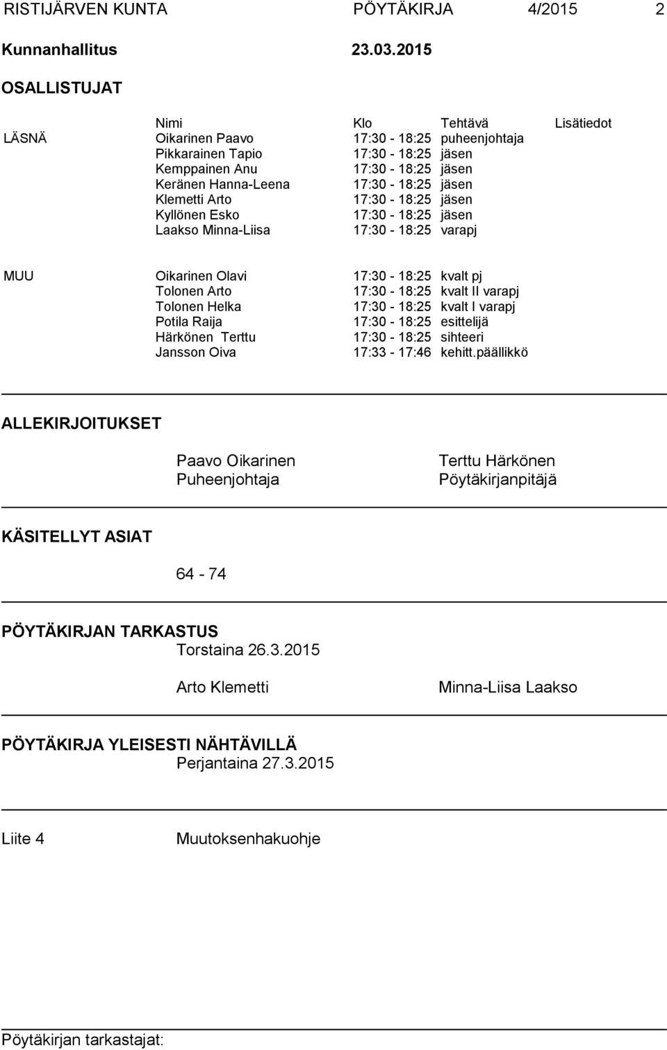 jäsen Klemetti Arto 17:30-18:25 jäsen Kyllönen Esko 17:30-18:25 jäsen Laakso Minna-Liisa 17:30-18:25 varapj MUU Oikarinen Olavi 17:30-18:25 kvalt pj Tolonen Arto 17:30-18:25 kvalt II varapj Tolonen