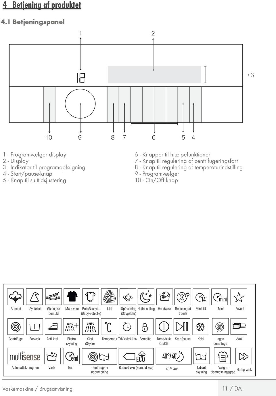 - Knap til regulering af centrifugeringsfart 8 - Knap til regulering af temperaturindstilling 9 - Programvælger 10 - On/Off knap Bomuld Syntetisk Økologisk Mørk vask bomuld BabyBeskyt+ (BabyProtect+)