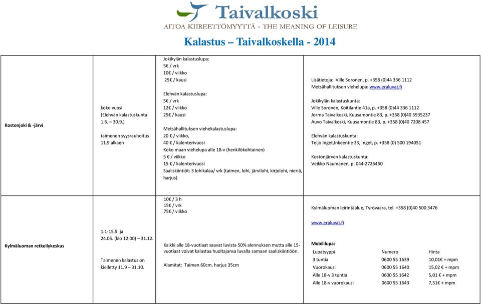 (henkilökohtainen) 5 / viikko 15 / kalenterivuosi Saaliskiintiöt: 3 lohikalaa/ vrk (taimen, lohi, järvilohi, kirjolohi, nieriä, harjus) Lisätietoja: Ville Soronen, p.