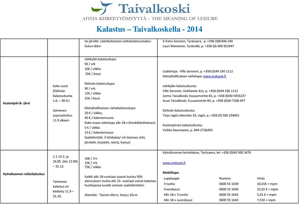 +358 (0)44 336 1112 Metsähallituksen viehelupa: Kostonjoki & -järvi koko vuosi (Elehvän kalastuskunta 1.6. 30.9.) taimenen syysrauhoitus 11.