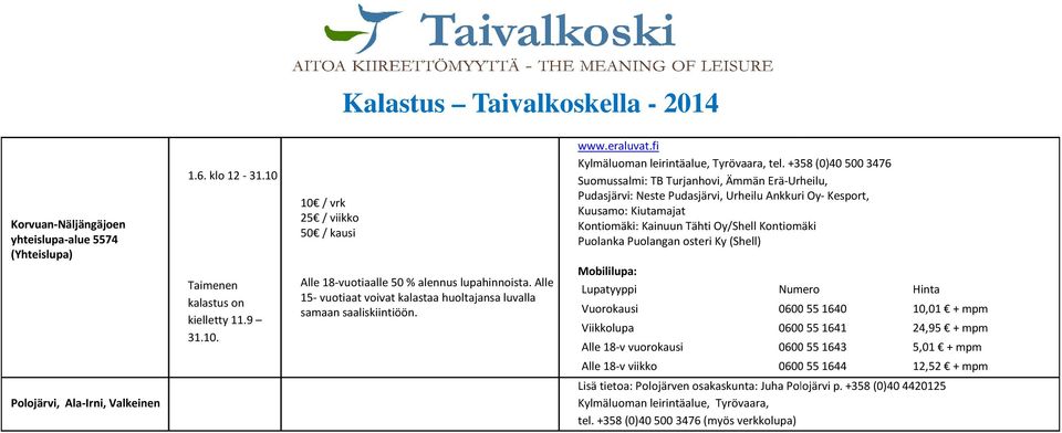 +358 (0)40 500 3476 Suomussalmi: TB Turjanhovi, Ämmän Erä-Urheilu, Pudasjärvi: Neste Pudasjärvi, Urheilu Ankkuri Oy- Kesport, Kuusamo: Kiutamajat Kontiomäki: Kainuun Tähti Oy/Shell Kontiomäki