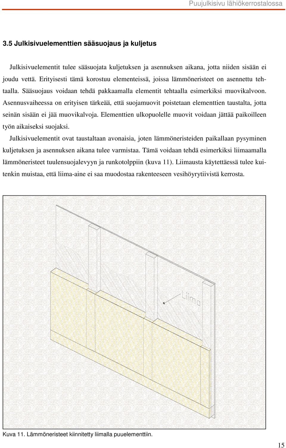 Asennusvaiheessa on erityisen tärkeää, että suojamuovit poistetaan elementtien taustalta, jotta seinän sisään ei jää muovikalvoja.