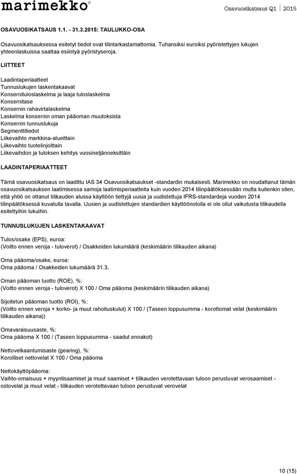 LIITTEET Laadintaperiaatteet Tunnuslukujen laskentakaavat Konsernituloslaskelma ja laaja tuloslaskelma Konsernitase Konsernin rahavirtalaskelma Laskelma konsernin oman pääoman muutoksista Konsernin