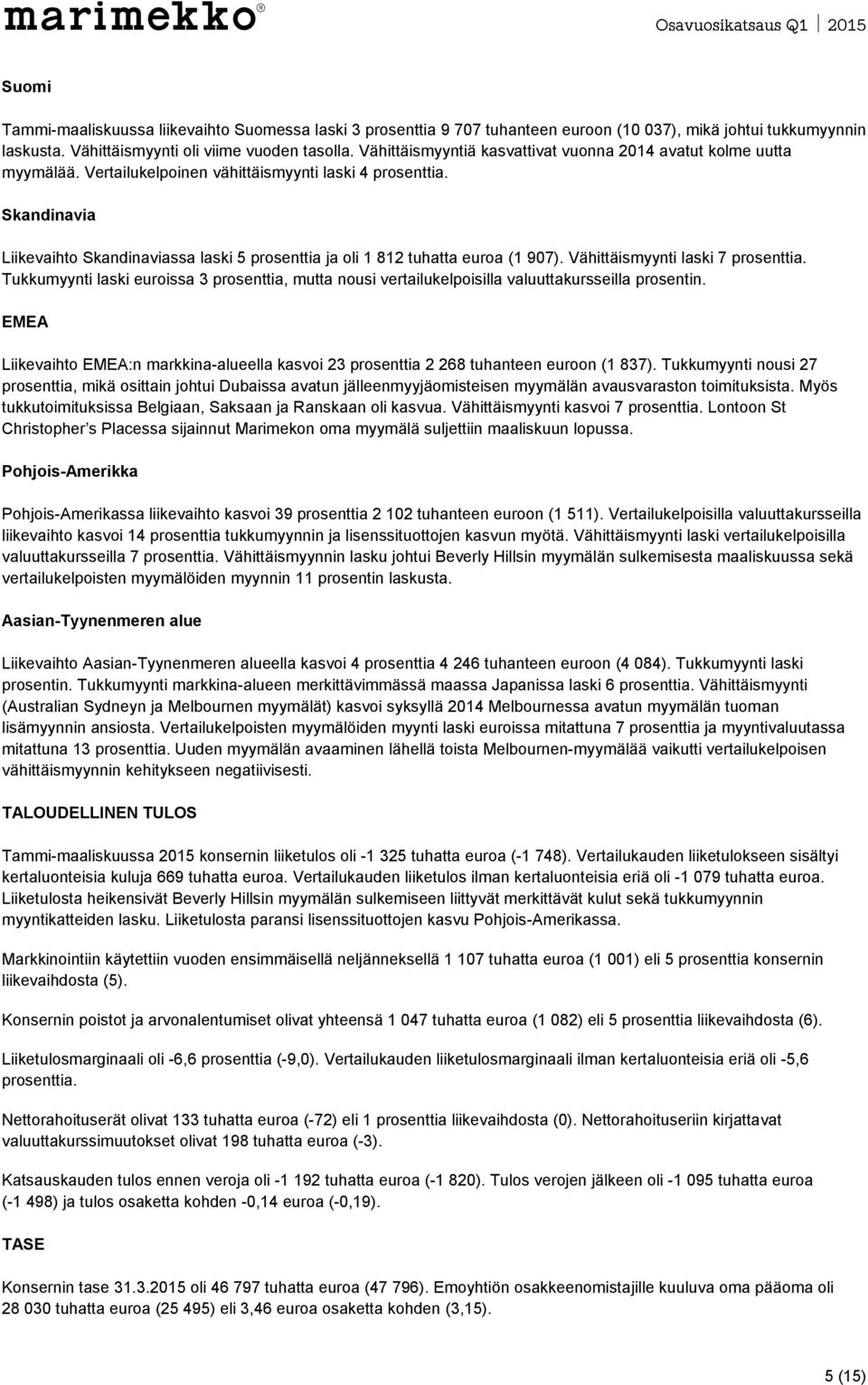 Skandinavia Liikevaihto Skandinaviassa laski 5 prosenttia ja oli 1 812 tuhatta euroa (1 907). Vähittäismyynti laski 7 prosenttia.