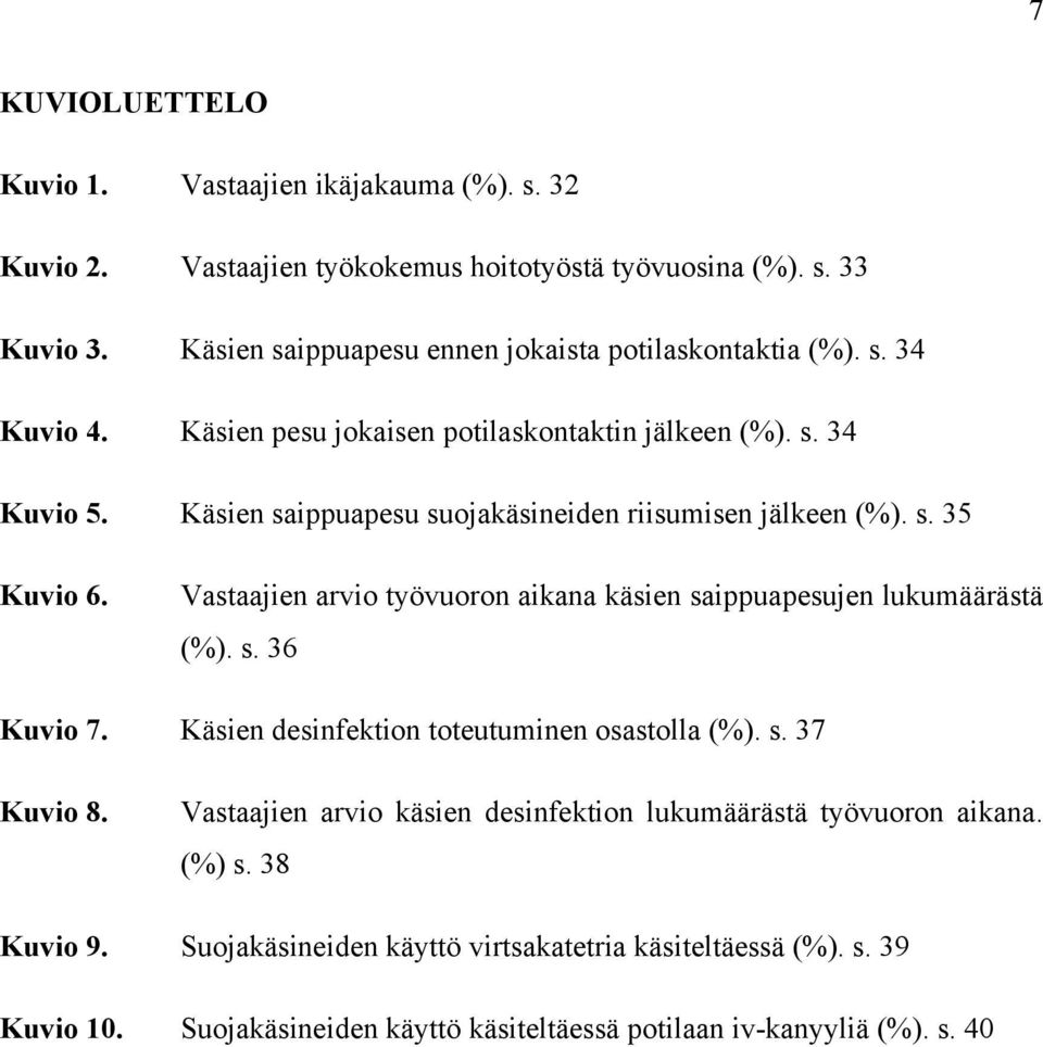 Käsien saippuapesu suojakäsineiden riisumisen jälkeen (%). s. 35 Kuvio 6. Vastaajien arvio työvuoron aikana käsien saippuapesujen lukumäärästä (%). s. 36 Kuvio 7.