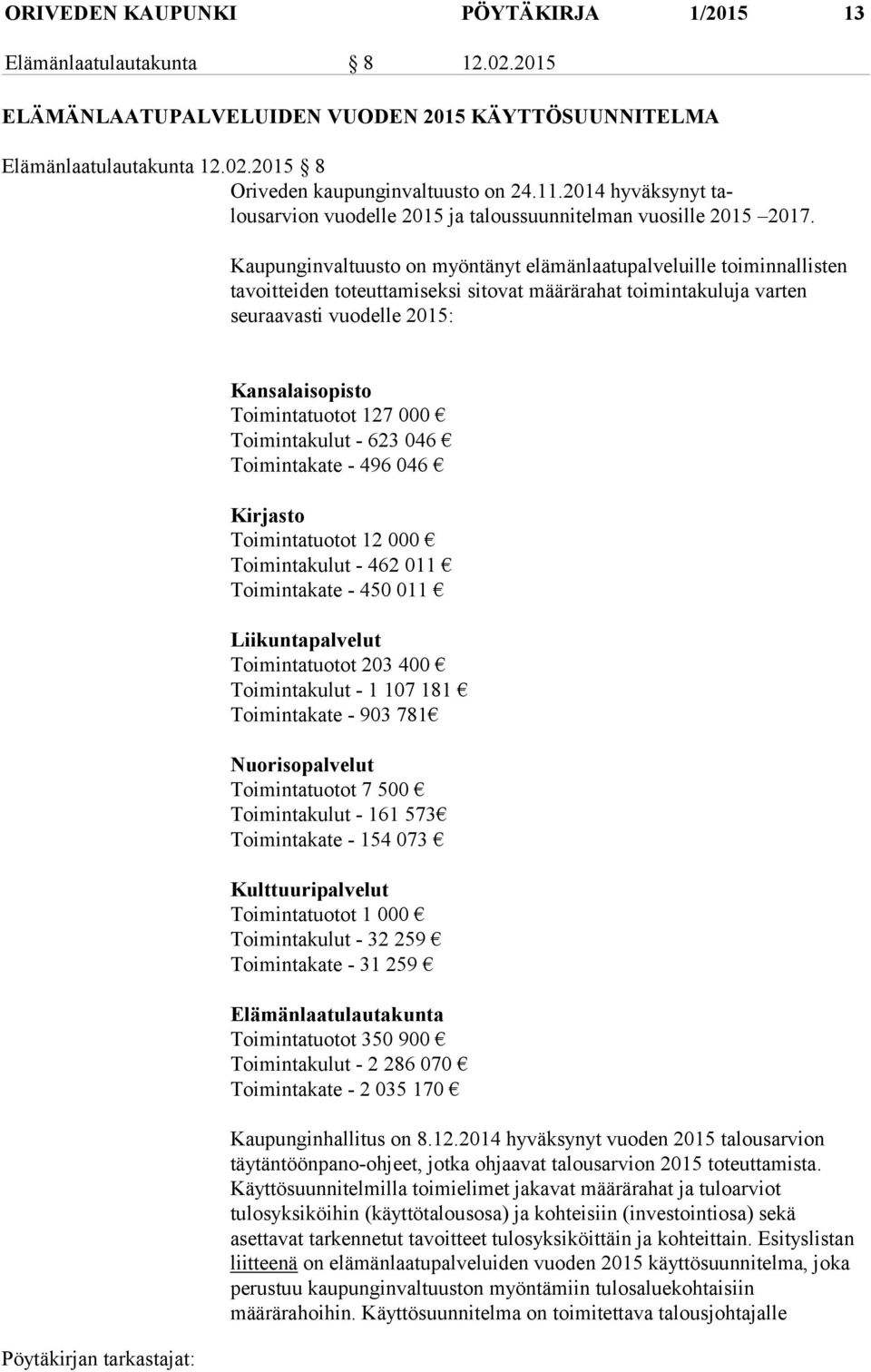 Kaupunginvaltuusto on myöntänyt elämänlaatupalveluille toiminnallisten tavoitteiden toteuttamiseksi sitovat määrärahat toimintakuluja varten seuraavasti vuodelle 2015: Kansalaisopisto Toimintatuotot