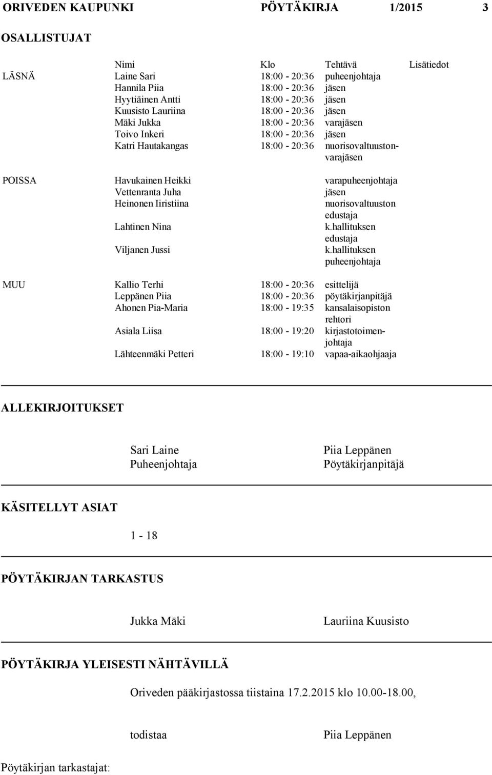 Vettenranta Juha jäsen Heinonen Iiristiina nuorisovaltuuston edustaja Lahtinen Nina k.hallituksen edustaja Viljanen Jussi k.