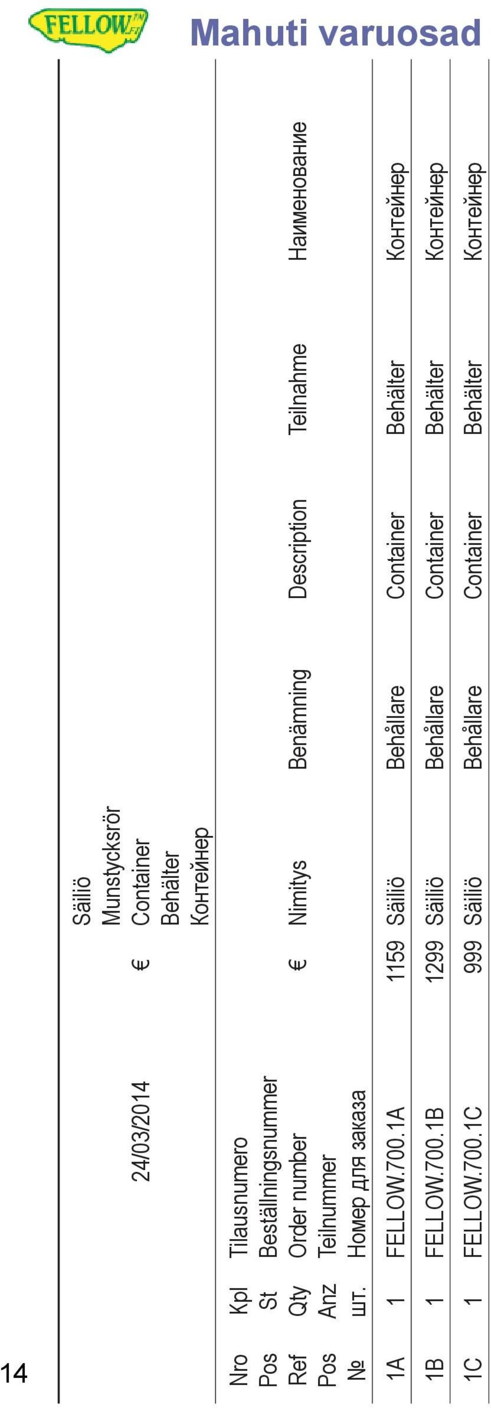 шт. Nro Pos Ref Pos 1A 1 FELLOW.700.1A 1159 Säiliö Behållare Container Behälter Контейнер 1B 1 FELLOW.700.1B 1299 Säiliö Behållare Container Behälter Контейнер 1C 1 FELLOW.