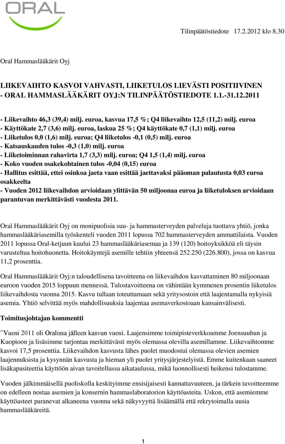 euroa; Q4 liiketulos -0,1 (0,5) milj. euroa - Katsauskauden tulos -0,3 (1,0) milj. euroa - Liiketoiminnan rahavirta 1,7 (3,3) milj. euroa; Q4 1,5 (1,4) milj.