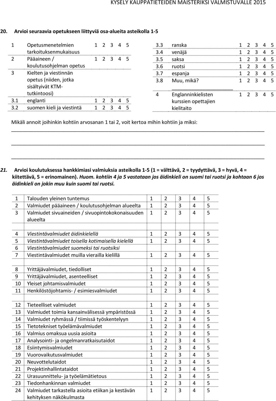 4 Englanninkielisten kurssien opettajien kielitaito Mikäli annoit joihinkin kohtiin arvosanan 1 tai 2, voit kertoa mihin kohtiin ja miksi: 21.