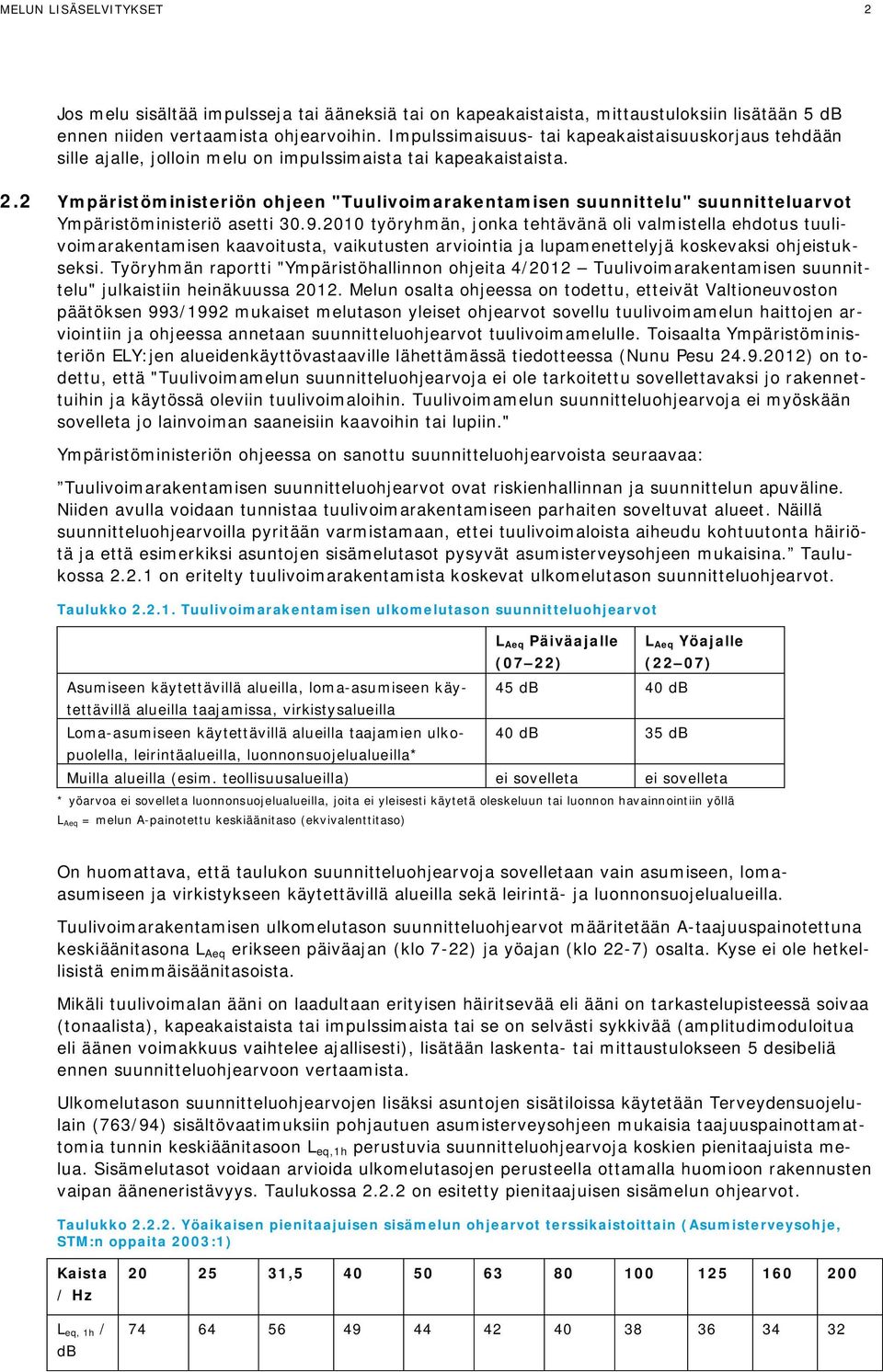 2 Ympäristöministeriön ohjeen "Tuulivoimarakentamisen suunnittelu" suunnitteluarvot Ympäristöministeriö asetti 30.9.