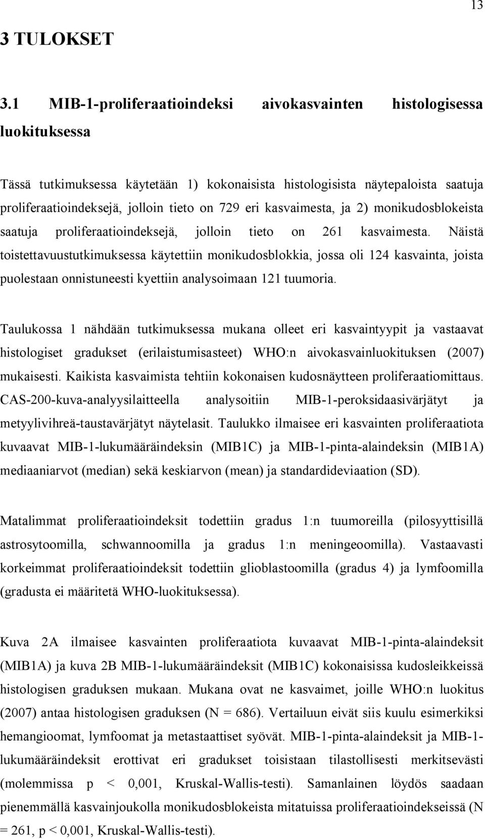 729 eri kasvaimesta, ja 2) monikudosblokeista saatuja proliferaatioindeksejä, jolloin tieto on 261 kasvaimesta.