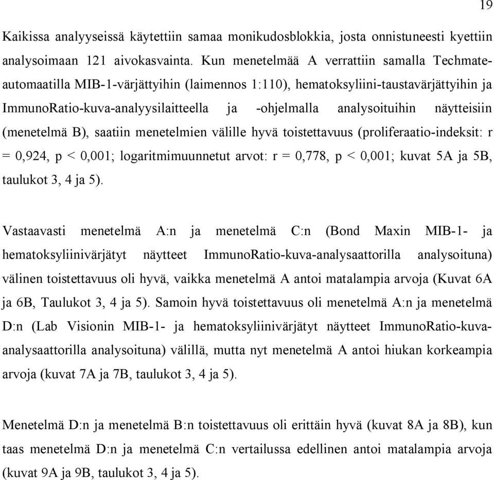 näytteisiin (menetelmä B), saatiin menetelmien välille hyvä toistettavuus (proliferaatio-indeksit: r = 0,924, p < 0,001; logaritmimuunnetut arvot: r = 0,778, p < 0,001; kuvat 5A ja 5B, taulukot 3, 4