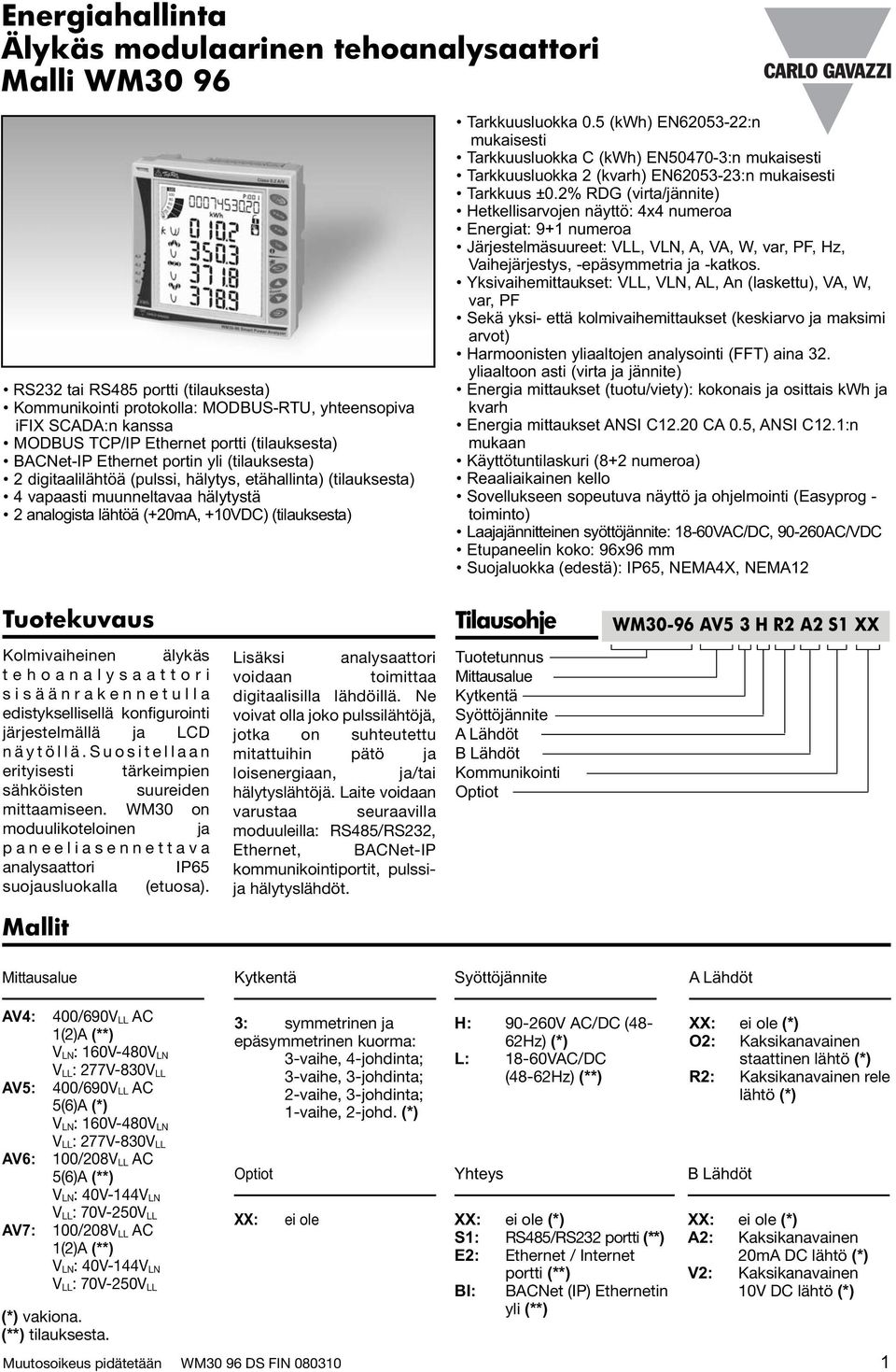 (tilauksesta) Tarkkuusluokka 0.5 (kwh) EN62053-22:n mukaisesti Tarkkuusluokka C (kwh) EN50470-3:n mukaisesti Tarkkuusluokka 2 (kvarh) EN62053-23:n mukaisesti Tarkkuus ±0.