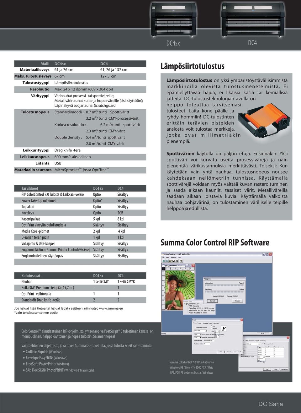 7 m²/ tunti Spottiväritt 3.2 m²/ tunti CMY-prosessivärit Korkea resoluutio : 6.2 m²/tunti spottivärit 2.3 m²/ tunti CMY-värit Douple density : 5.4 m²/tunti spottivärit 2.