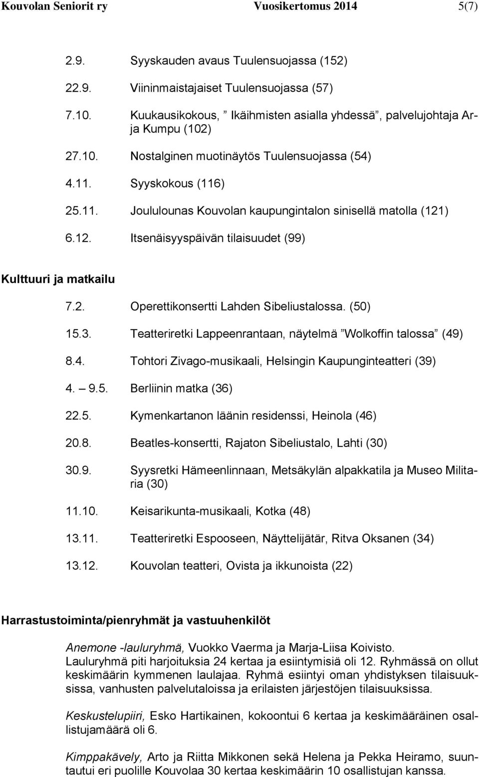 12. Itsenäisyyspäivän tilaisuudet (99) Kulttuuri ja matkailu 7.2. Operettikonsertti Lahden Sibeliustalossa. (50) 15.3. Teatteriretki Lappeenrantaan, näytelmä Wolkoffin talossa (49