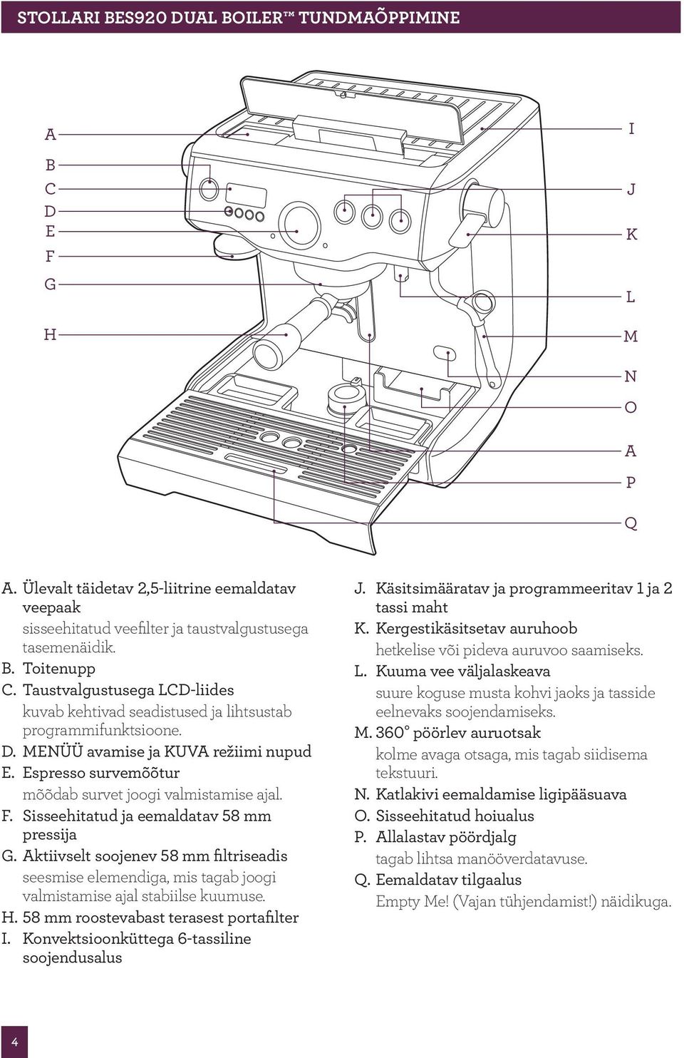 Sisseehitatud ja eemaldatav 58 mm pressija G. Aktiivselt soojenev 58 mm filtriseadis seesmise elemendiga, mis tagab joogi valmistamise ajal stabiilse kuumuse. H.