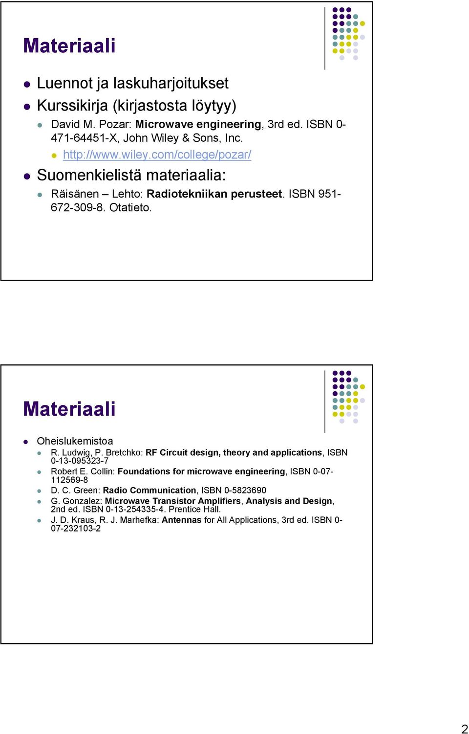 Bretchko: RF Circuit design, theory and applications, ISBN 0-13-095323-7 Robert E. Collin: Foundations for microwave engineering, ISBN 0-07- 112569-8 D. C. Green: Radio Communication, ISBN 0-5823690 G.