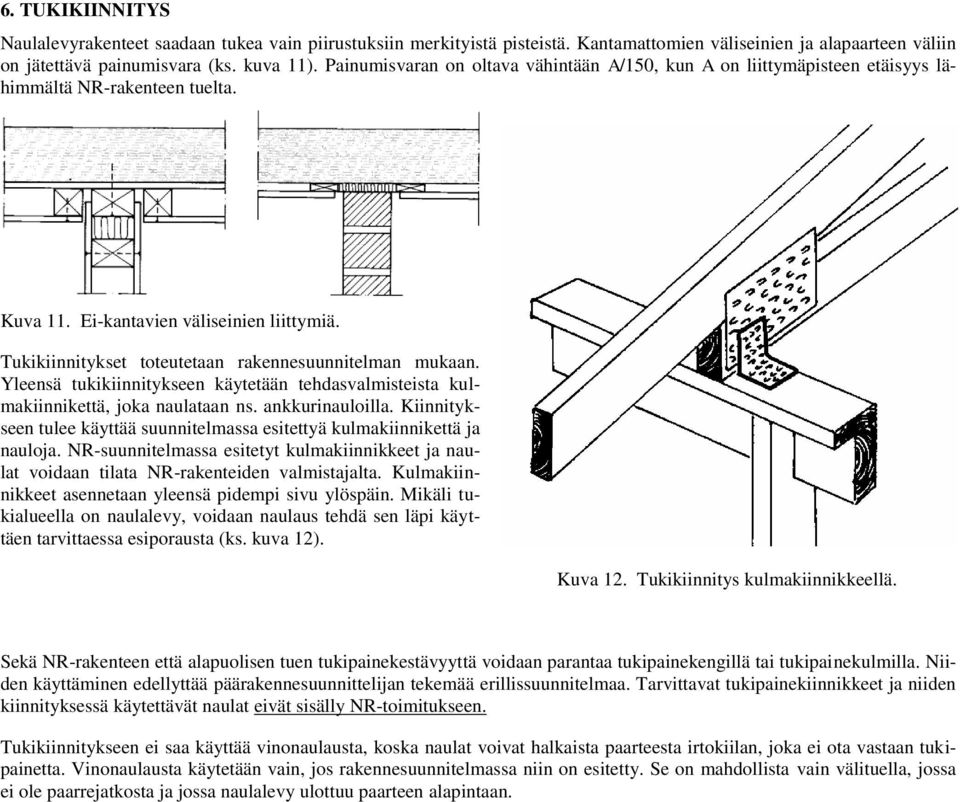 Tukikiinnitykset toteutetaan rakennesuunnitelman mukaan. Yleensä tukikiinnitykseen käytetään tehdasvalmisteista kulmakiinnikettä, joka naulataan ns. ankkurinauloilla.