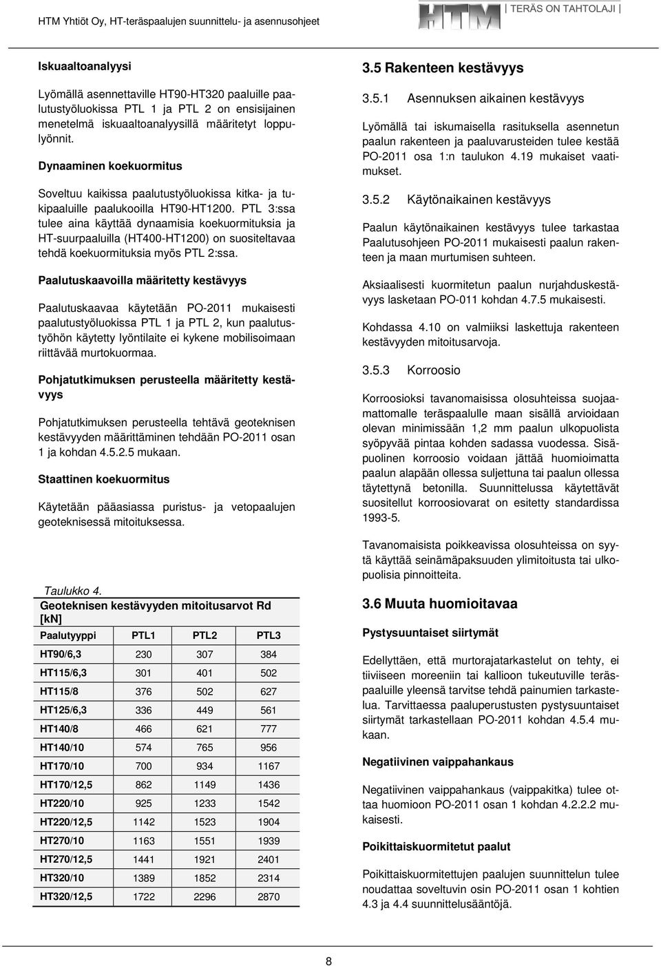 PTL 3:ssa tulee aina käyttää dynaamisia koekuormituksia ja HT-suurpaaluilla (HT400-HT1200) on suositeltavaa tehdä koekuormituksia myös PTL 2:ssa.