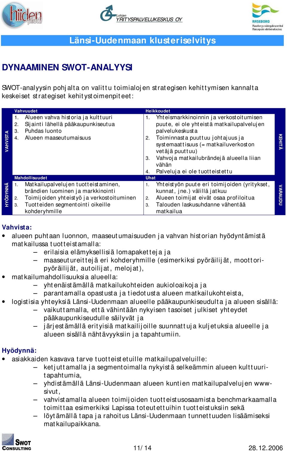 Matkailupalvelujen tuotteistaminen, brändien luominen ja markkinointi 2. Toimijoiden yhteistyö ja verkostoituminen 3. Tuotteiden segmentointi oikeille kohderyhmille Heikkoudet 1.