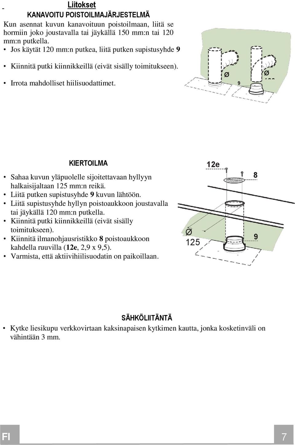 150 9 Ø 120 KIERTOILMA Sahaa kuvun yläpuolelle sijoitettavaan hyllyyn halkaisijaltaan 125 mm:n reikä. Liitä putken supistusyhde 9 kuvun lähtöön.