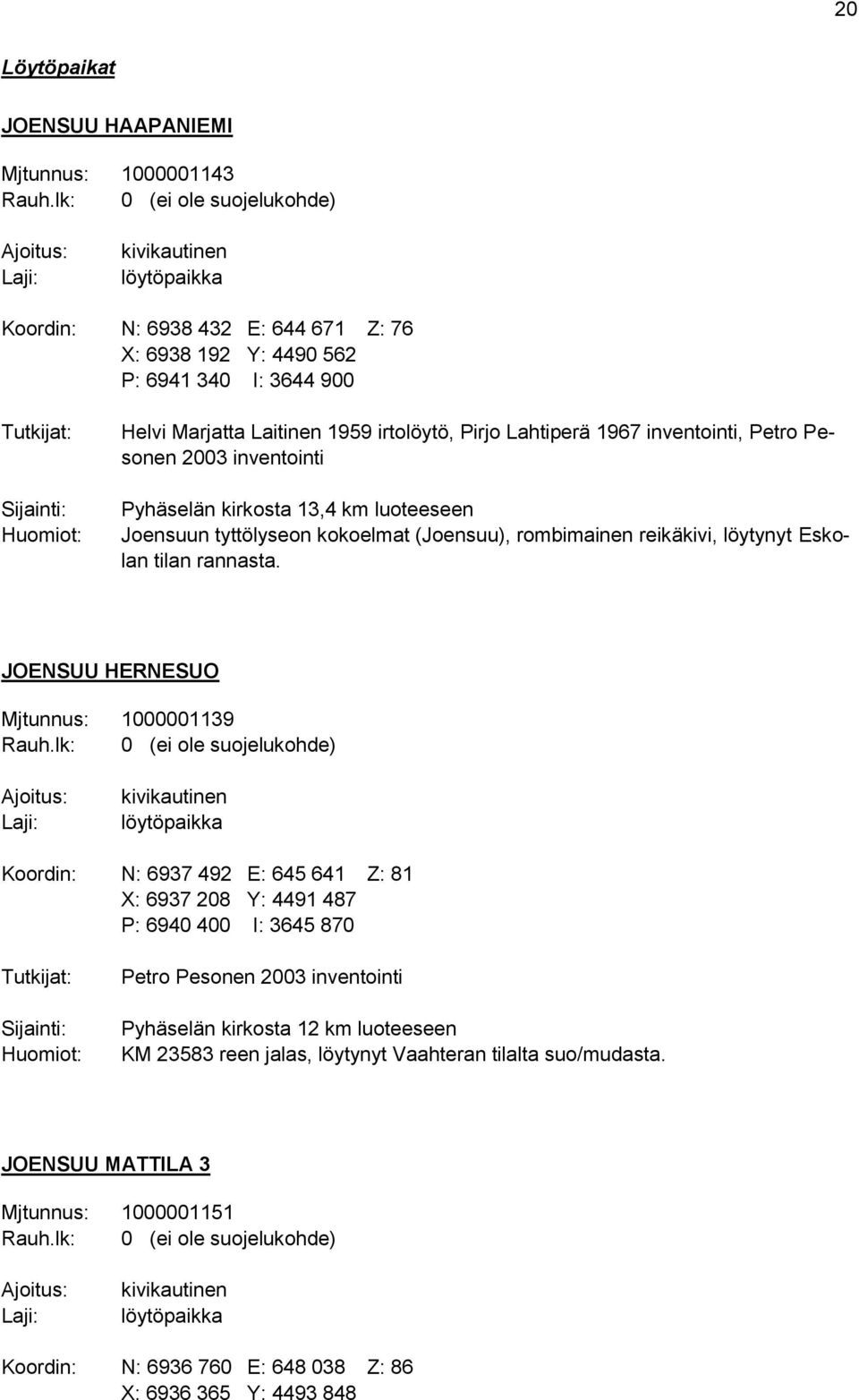 1959 irtolöytö, Pirjo Lahtiperä 1967 inventointi, Petro Pesonen 2003 inventointi Pyhäselän kirkosta 13,4 km luoteeseen Joensuun tyttölyseon kokoelmat (Joensuu), rombimainen reikäkivi, löytynyt