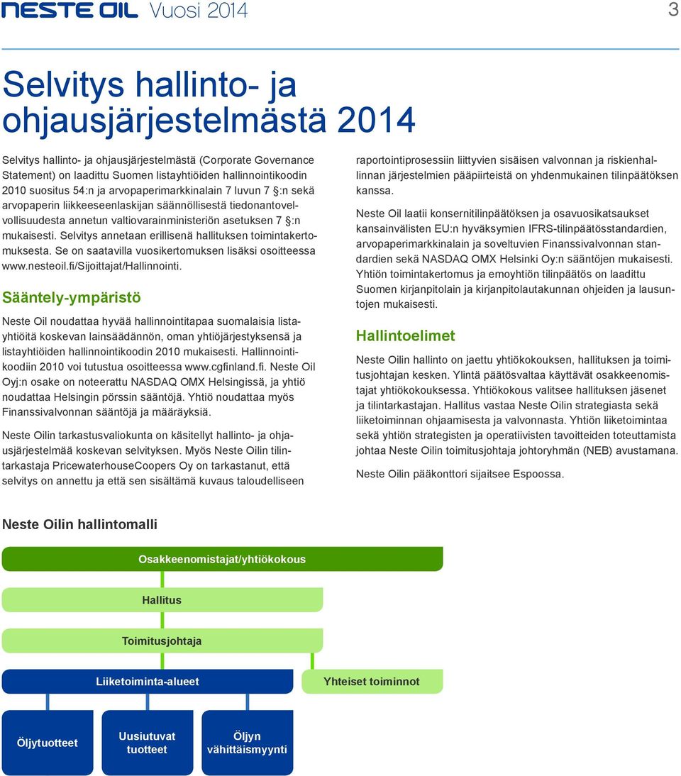 Selvitys annetaan erillisenä hallituksen toimintakertomuksesta. Se on saatavilla vuosikertomuksen lisäksi osoitteessa www.nesteoil.fi/sijoittajat/hallinnointi.