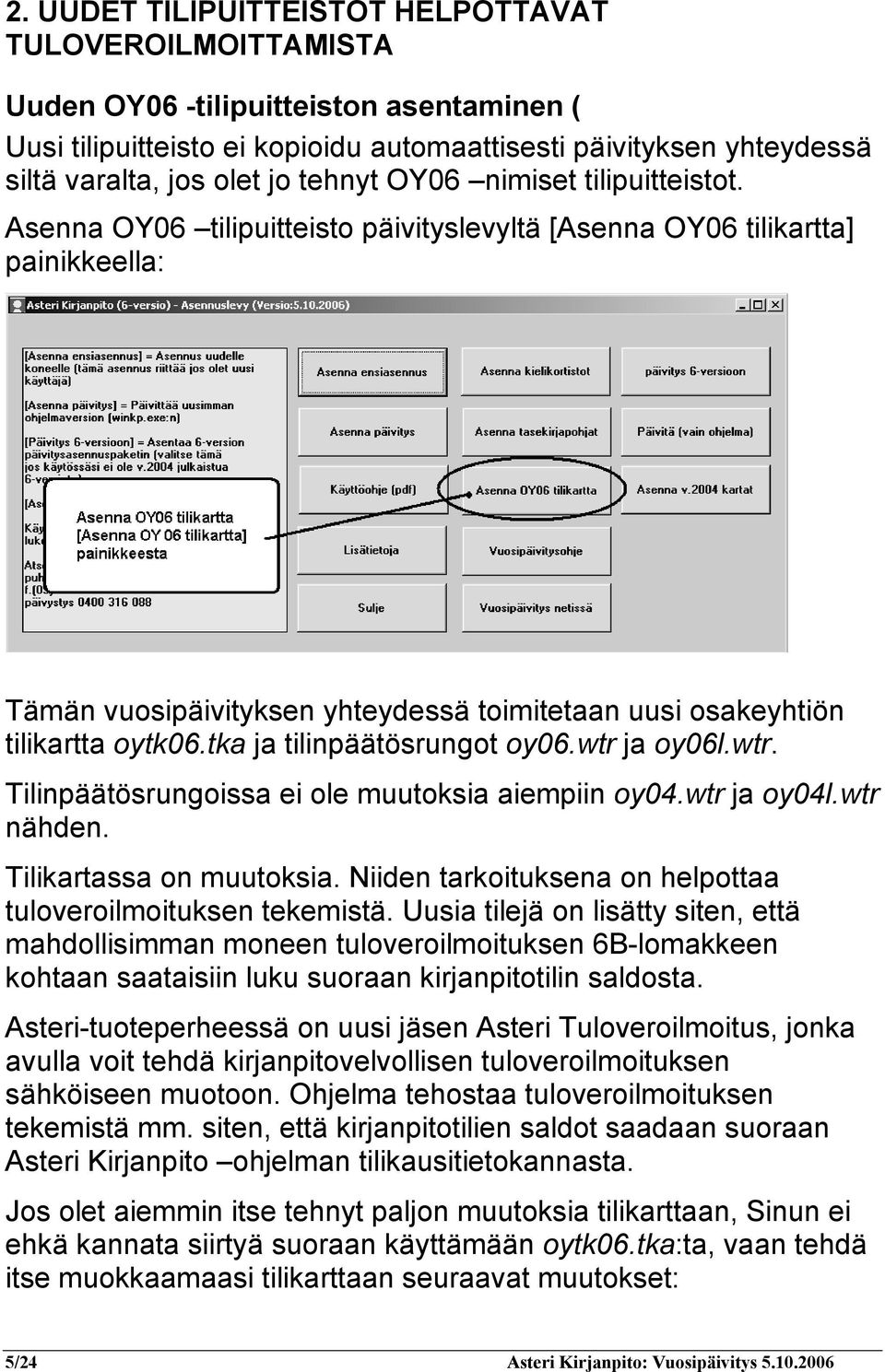 tka ja tilinpäätösrungot oy06.wtr ja oy06l.wtr. Tilinpäätösrungoissa ei ole muutoksia aiempiin oy04.wtr ja oy04l.wtr nähden. Tilikartassa on muutoksia.