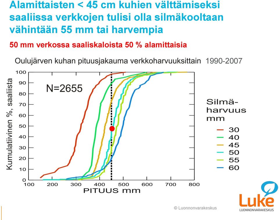 silmäkooltaan vähintään 55 mm tai