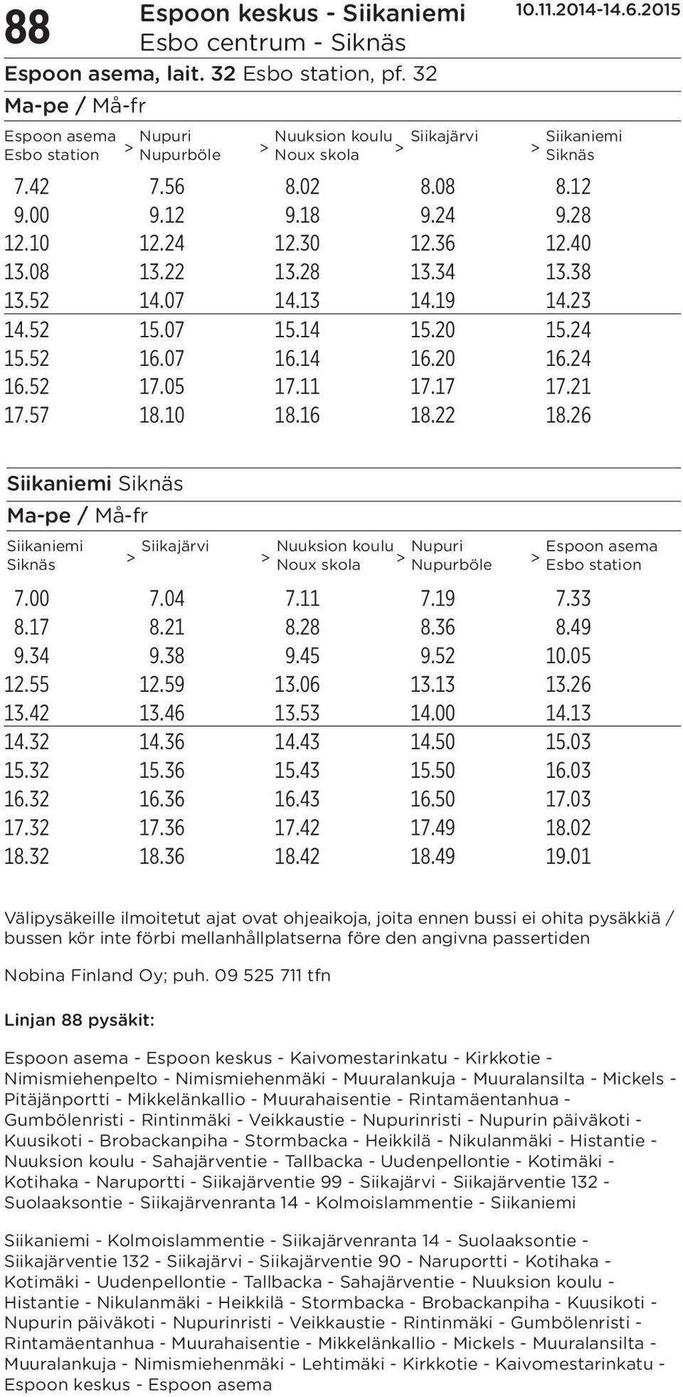 22 18.26 Siikaniemi Siknäs Siikaniemi Siknäs Siikajärvi Nuuksion koulu Noux skola 7.00 7.04 7.11 7.19 7.33 8.17 8.21 8.28 8.36 8.49 9.34 9.38 9.45 9.52 10.05 12.55 12.59 13.06 13.13 13.26 13.42 13.