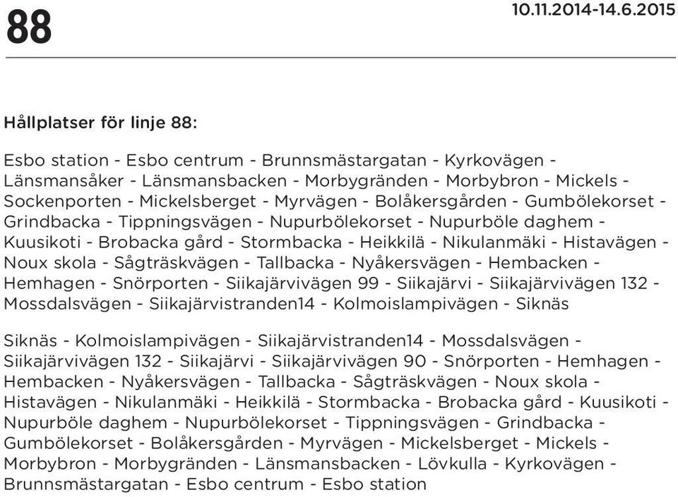 Bolåkersgården - Gumbölekorset - Grindbacka - Tippningsvägen - korset - daghem - Kuusikoti - Brobacka gård - Stormbacka - Heikkilä - Nikulanmäki - Histavägen - Noux skola - Sågträskvägen - Tallbacka