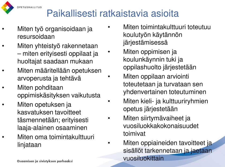 toimintakulttuuri toteutuu koulutyön käytännön järjestämisessä Miten oppimisen ja koulunkäynnin tuki ja oppilashuolto järjestetään Miten oppilaan arviointi toteutetaan ja turvataan sen yhdenvertainen