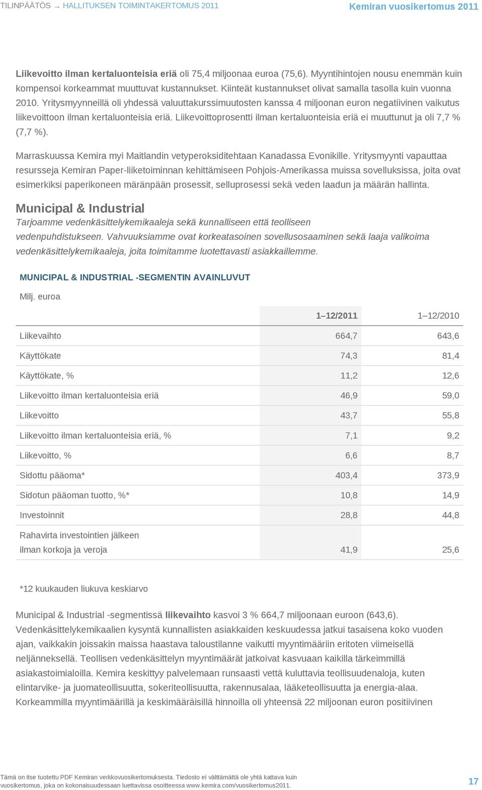 Yritysmyynneillä oli yhdessä valuuttakurssimuutosten kanssa 4 miljoonan euron negatiivinen vaikutus liikevoittoon ilman kertaluonteisia eriä.