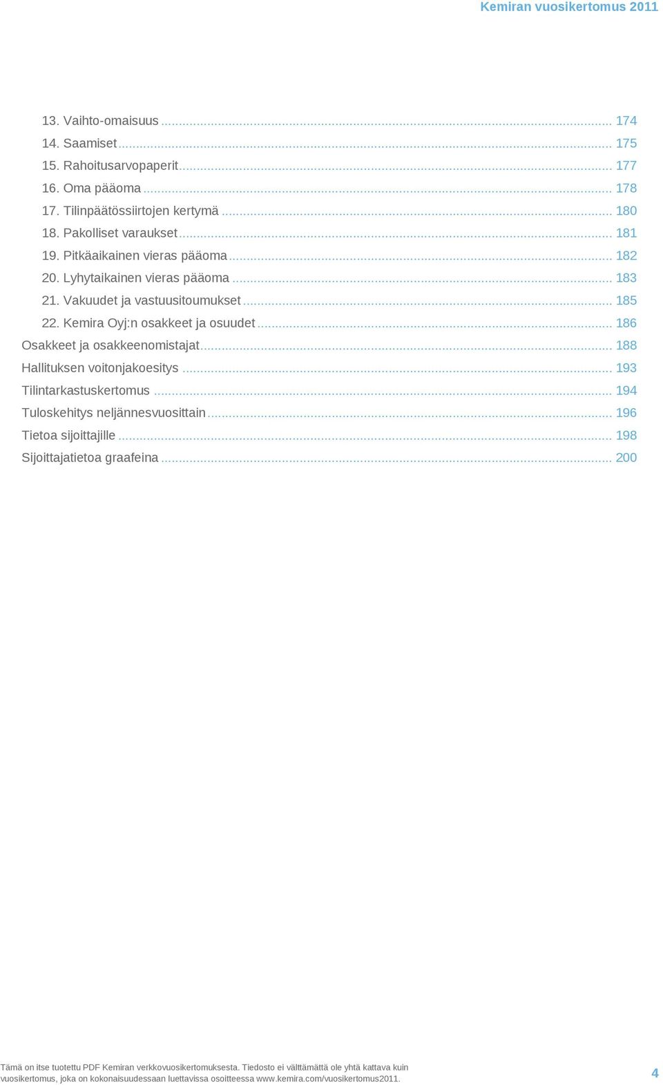 .. 183 21. Vakuudet ja vastuusitoumukset... 185 22. Kemira Oyj:n osakkeet ja osuudet... 186 Osakkeet ja osakkeenomistajat.