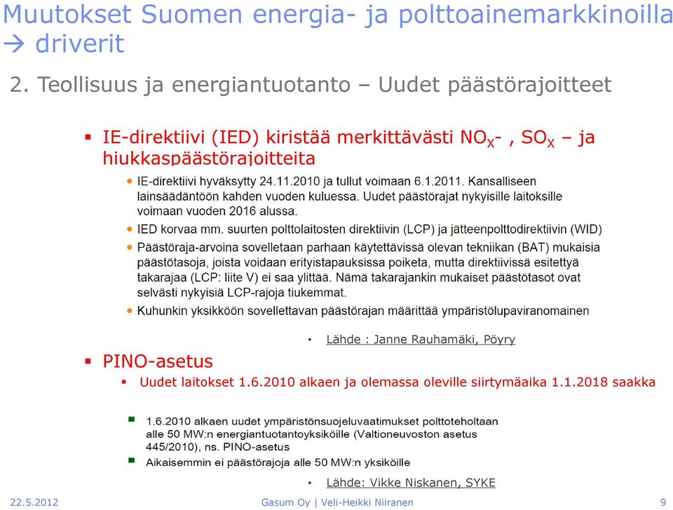 NO X -, SO X ja hiukkaspäästörajoitteita Lähde : Janne Rauhamäki, Pöyry PINO-asetus Uudet