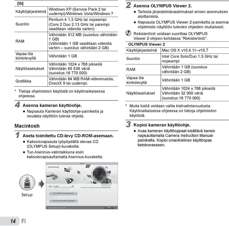 65 536 väriä (suositus:16 770 000) Vähintään 64 MB RAM-videomuistia, Grafi ikka DirectX 9 tai uudempi. * Tietoja ohjelmiston käytöstä on käytönaikaisessa ohjeessa. 4 Asenna kameran käyttöohje.