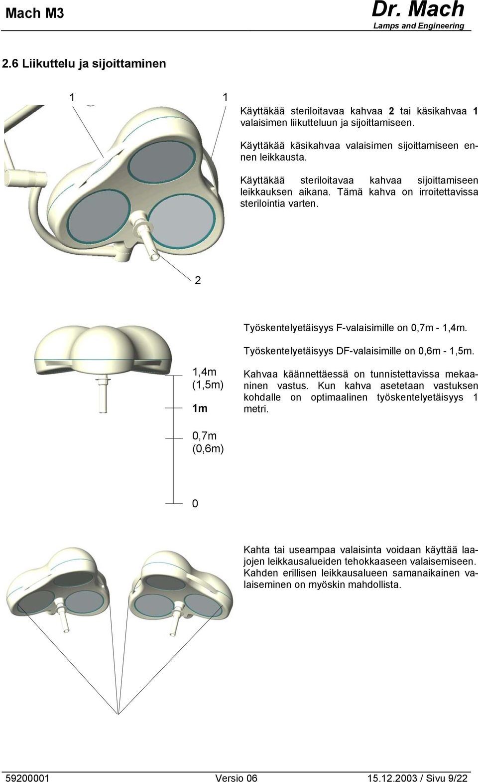 Työskentelyetäisyys DF-valaisimille on 0,6m - 1,5m. 1,4m (1,5m) 1m Kahvaa käännettäessä on tunnistettavissa mekaaninen vastus.