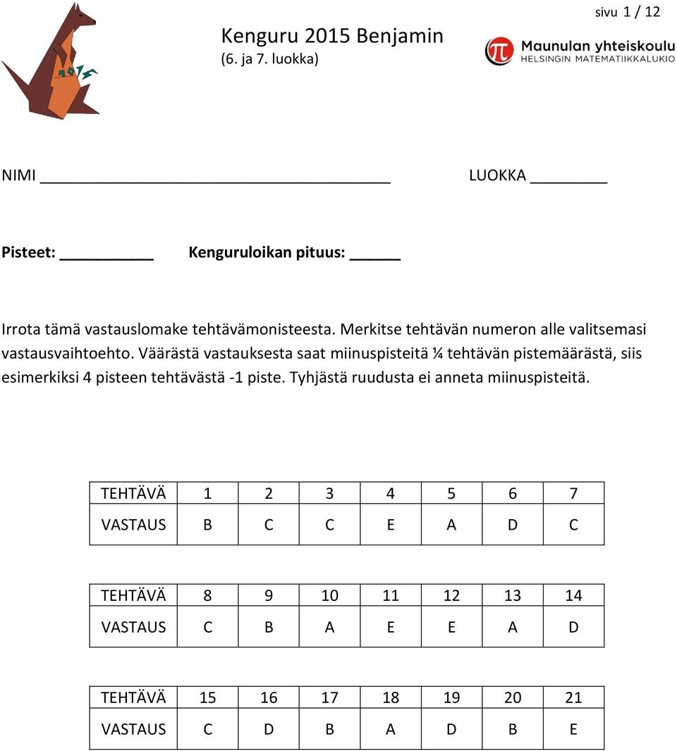 Väärästä vastauksesta saat miinuspisteitä ¼ tehtävän pistemäärästä, siis esimerkiksi 4 pisteen tehtävästä -1 piste.