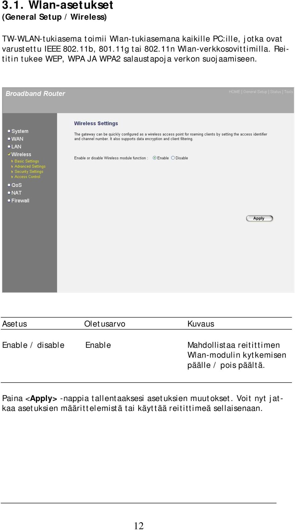 Asetus Oletusarvo Kuvaus Enable / disable Enable Mahdollistaa reitittimen Wlan-modulin kytkemisen päälle / pois päältä.