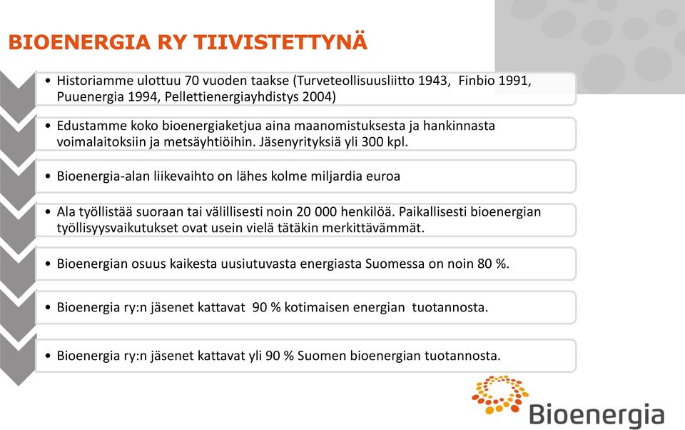 Bioenergia-alan liikevaihto on lähes kolme miljardia euroa Ala työllistää suoraan tai välillisesti noin 20 000 henkilöä.