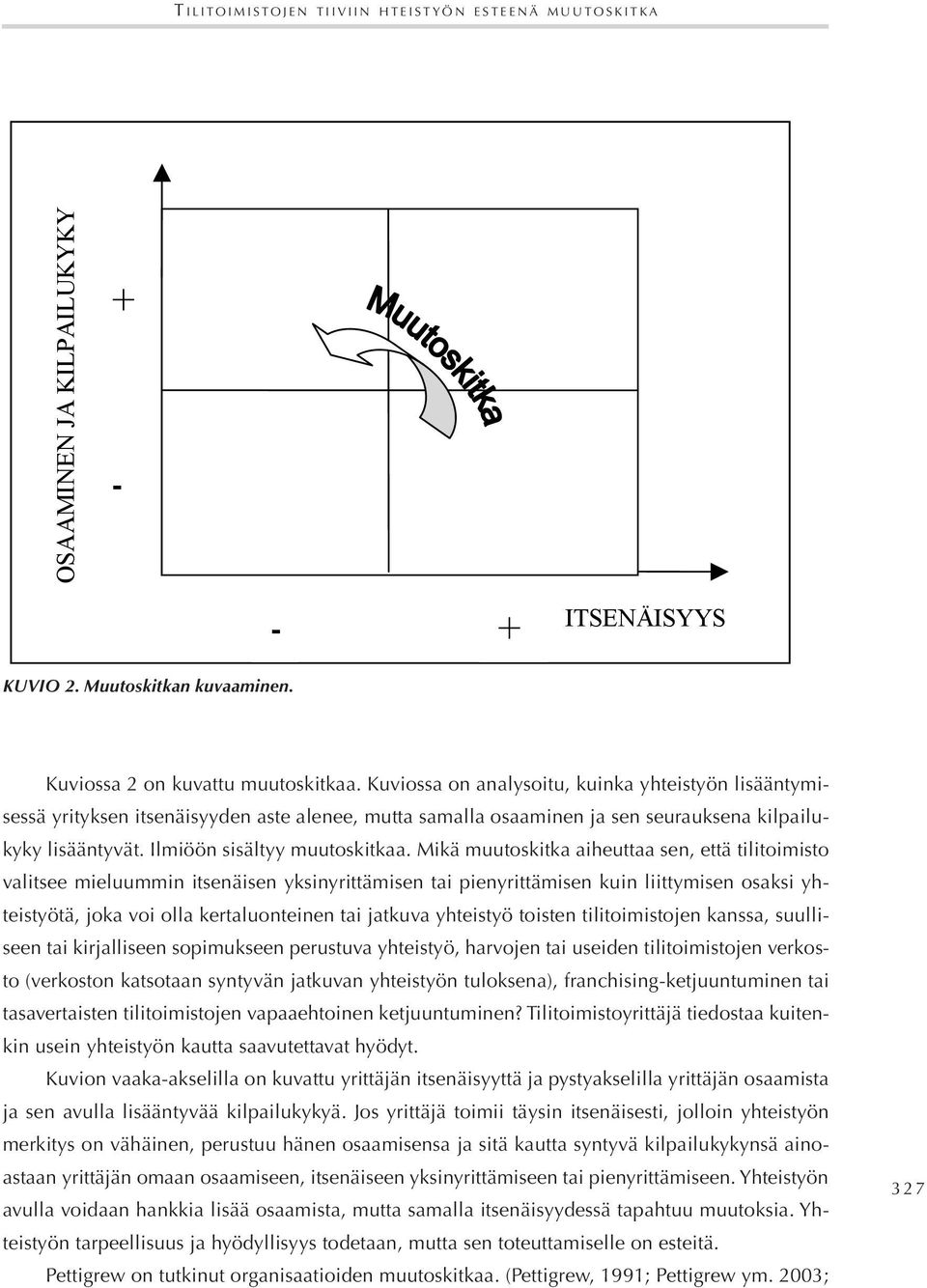 Kuviossa on analysoitu, kuinka yhteistyön lisääntymisessä yrityksen itsenäisyyden aste alenee, mutta samalla osaaminen ja sen seurauksena kilpailukyky lisääntyvät. Ilmiöön sisältyy muutoskitkaa.