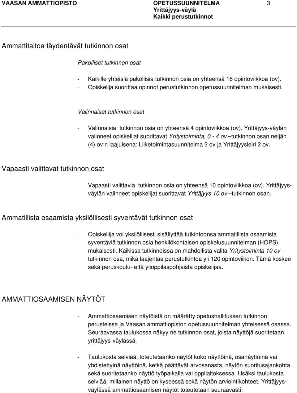 n valinneet opiskelijat suorittavat Yritystoiminta, 0-4 ov tutkinnon osan neljän (4) ov:n laajuisena: Liiketoimintasuunnitelma 2 ov ja Yrittäjyysleiri 2 ov.