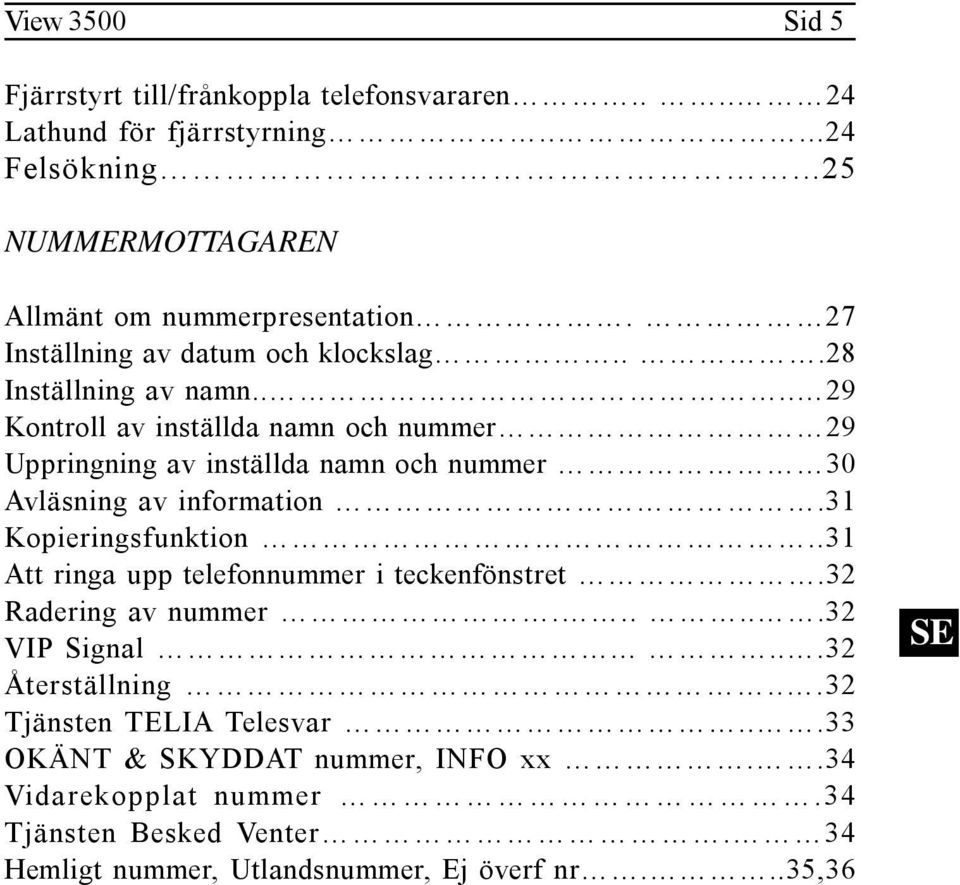 ... 29 Kontroll av inställda namn och nummer 29 Uppringning av inställda namn och nummer 30 Avläsning av information.31 Kopieringsfunktion.