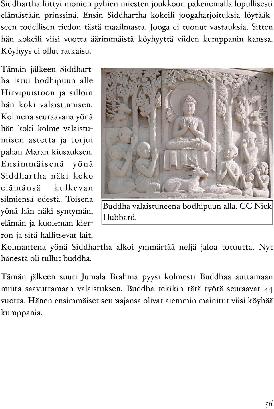 Tämän jälkeen Siddhartha istui bodhipuun alle Hirvipuistoon ja silloin hän koki valaistumisen. Kolmena seuraavana yönä hän koki kolme valaistumisen astetta ja torjui pahan Maran kiusauksen.